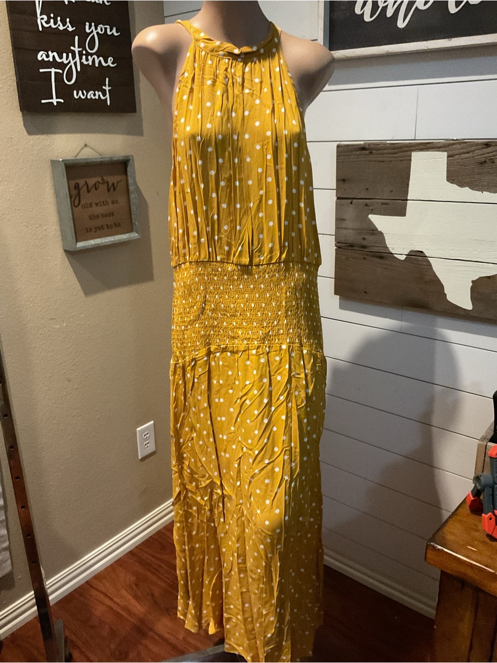 Elings Yellow And White Polka Dot Maxi Halter Dress Medium NWT